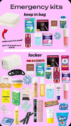 Work Locker Essentials, Cute School Ideas, Teen Emergency Kit, What To Put In Your Emergency Kit, Kits For School, Emergency Kit Essentials, Middle School Survival Kit, Locker Essentials, Babysitting Kit