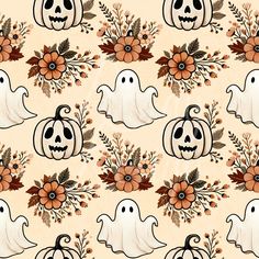 a pattern with pumpkins, flowers and ghost heads