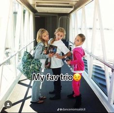 three young children standing on a walkway with the caption my fav fio