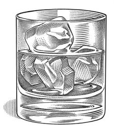 an old fashioned glass filled with ice cubes, vintage line drawing or engraving illustration