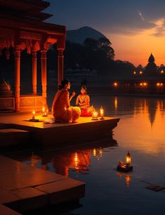 two women sitting on the edge of a body of water with candles in front of them