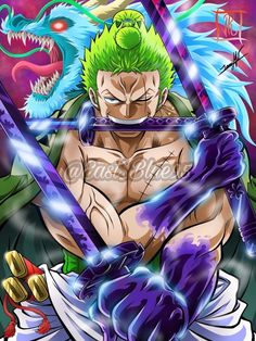 an anime character with green hair and blue eyes holding two swords in front of his chest