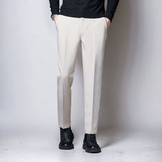 Elegant Beige Pants, Gray Business Pants For Spring, Slim Fit Ankle-length Pants With Welt Pockets, Elegant Beige Bottoms, Elegant Business Work Pants Straight Cut, White Straight Dress Pants With Pressed Crease, White Dress Pants With Pressed Crease, Gray Slim Fit Tapered Leg Dress Pants, Gray Slim Fit Dress Pants With Tapered Leg