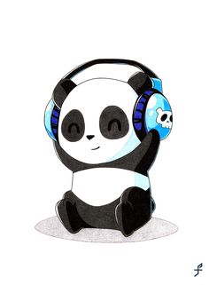 a drawing of a panda bear with headphones