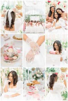 a collage of photos showing the bride and groom's wedding cake, cupcakes, tea party, and finger - length gloves