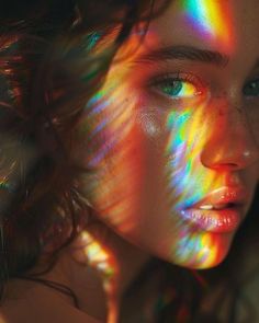 a woman's face with multicolored light coming from her eyes and hair