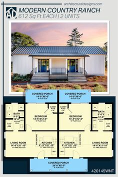 the modern country ranch floor plan is shown in blue and white, with three separate rooms