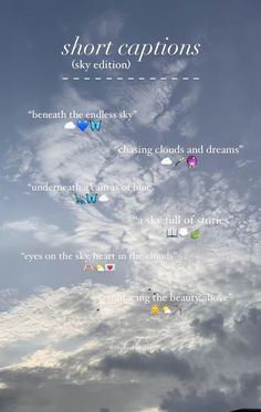 the sky is filled with kites and clouds in different languages that read short captions