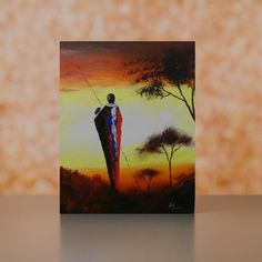 a painting of a man holding a fishing pole in front of an orange and yellow sunset