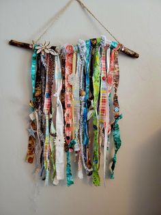 Boho, Bohemian, Wall Hanging. Eclectic, Fiber and Natural Art, Wall Decor, Hippie Scrap Fabric Wall Hanging, Laundry Curtain, Festival Wristbands, Rag Curtains, Rag Art, Rag Tie Banner, Rag Banner, Nurse Crafts, Ribbon Curtain