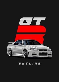 a white car with the word gt skyline on it