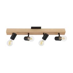 three light wooden track lighting fixture with black metal fittings and dimmer bulbs, on a white background