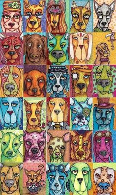 many different colored dogs are depicted in this painting