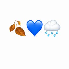 two leaves and a blue heart with rain coming out of the top, on a white background