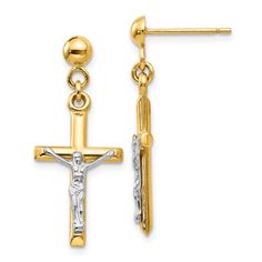 Let your Inner faith shine through, with this style designed with your spirituality in mind. Wear this shiny 14k Two-Tone Yellow Gold Crucifix Cross Religious Post Stud Earrings Drop Dangle Fine Jewelry. A precious item to be treasured for years to come. Product Specification Jewelry Specification: Material Purity : 14K Length : 29 Mm Material : Gold Width : 12 Mm Product Type : Jewelry Jewelry Type : Earrings Sold By Unit : Pair Gender : Women's Material Color : Two-Tone Earring Closure : Post Bow Jewelry, Cross Earrings, Earrings Drop, Earring Sale, Fine Jewelry Gift, Fine Jewellery Earrings, High Quality Jewelry, Post Earrings, Jewelry Pieces