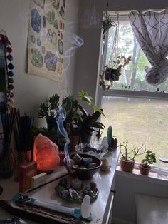 a room with plants and other items on the table in front of a large window