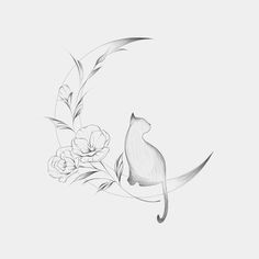 a black and white drawing of a cat sitting on a crescent moon with flowers around it