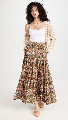 Fabric: Mid-weight, non-stretch poplin,Tiered seams and ruffle hem,Wash cold or dry clean,Shell: 100% cotton,Made in Italy,Floral print,Covered elastic waistband,Unlined,On-seam hip pockets Big Skirt, Red Floral Skirt, Big Skirts, Double J, Silk Maxi Skirt, Latest Skirts, Tie Skirt, Tiered Maxi Skirt, Split Skirt