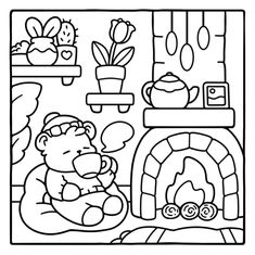 a black and white drawing of a teddy bear sitting in front of a fire place