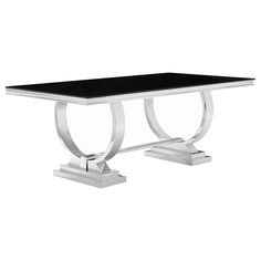 a black and silver table with two legs on each side, in front of a white background