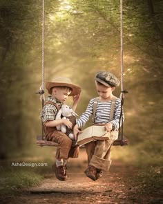 two young boys sitting on a swing in the woods, one holding a stuffed animal