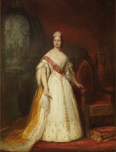 a painting of a woman in a white dress and tiara standing next to a chair