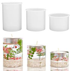 four different types of candles with flowers in them