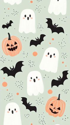 halloween wallpaper with ghost, pumpkins and bats on the green background for kids's room