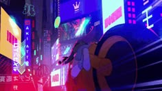 an animated image of a person in the city at night with neon lights and buildings