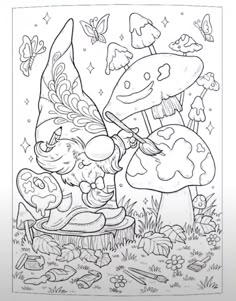 a coloring book page with an image of a gnome and his mushroom house in the background