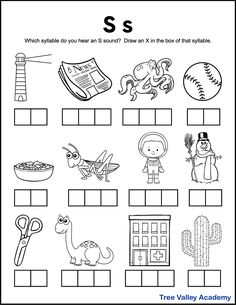 A free printable letter s sound worksheet perfect for 1st grade students. There's 12 black and white images of items and kids need to sound each word out, and identify which syllables contain an S sound. Kids will mark an X in the box representing that syllable. Free downloadable pdf includes answer page. S Sound Worksheet, Syllables Worksheet, Letter Sounds Kindergarten, Letter S Worksheets, Speech Therapy Worksheets, Letter Sound Recognition, Homeschool Activity, Beginning Sounds Worksheets, Sound Picture