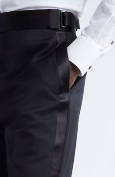 A sleek satin waistband and side stripes contrast with the rich wool-and-mohair body of these tuxedo-styled trousers masterfully crafted in Italy. Zip fly with side buckle closure Front slant pockets; back button-welt pockets 85% wool, 15% mohair with 100% cupro and 100% cotton contrasts Dry clean Made in Italy Designer Clothing Luxury Satin Pants For Formal Occasions, Luxury Satin Formal Pants, Classic Fitted Satin Bottoms, Fitted Luxury Satin Bottoms, Sleek Satin Pants For Formal Occasions, Luxury Fitted Satin Bottoms, Sleek Satin Formal Pants, Luxury Fitted Satin Pants, Classic Satin Formal Bottoms