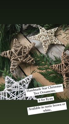 christmas decorations made out of string and pine needles on a wooden table with text that reads handmade craft christmas tree ornaments for $ 3 99