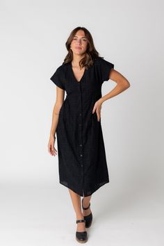 Black all eyelet midi dress with V-neckline and short sleeves Dress Modest, Maternity Nursing Dress, Nursing Friendly, Nursing Dress, Midi Short Sleeve Dress, Eyelet Dress, Button Down Dress, Midi Maxi Dress, Flowy Skirt