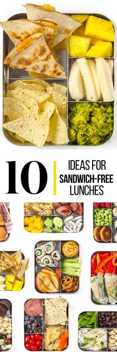 an assortment of different types of food in a lunch box with the words 10 ideas for sandwich - free lunches