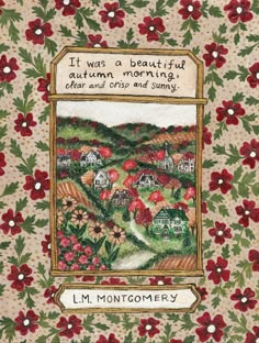 a quilt with red flowers on it and the words, it was a beautiful autumn morning