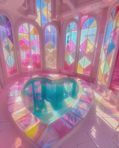 a heart shaped pool in the middle of a room with stained glass windows on both sides