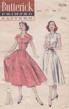 This vintage Butterick sewing pattern was designed in 1952. It makes a dress with a fitted, button front bodice and a very full skirt. Size 18: Bust 36   ---   Waist 30   ---   Hip 39. The pattern has been neatly used and is complete including instructions. The envelope has typical age wear and will arrive in an archival sleeve. To see more vintage dress patterns : https://www.etsy.com/shop/studioGpatterns?section_id=6940891 To visit my shop : https://www.etsy.com/shop/studioGpatterns 1950s Summer Dress, 1950s Style A-line Vintage Dress With Buttons, 1950s A-line Dress With Buttons, 1950s Vintage Dress With Buttons, 1950s Style Vintage Dress With Buttons, 1950s Style Dresses With Buttons, Retro Dress With Buttons For Vintage Events, A-line Vintage Dress With Buttons, Vintage Dress Patterns 1950s