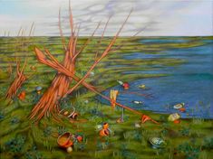 an oil painting of trees and flowers in the grass next to a body of water