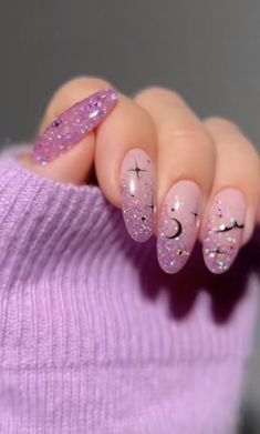 Moon And Stars Manicure, Pink Moon Nails, Nail With Stars, Fairy Nail Ideas, Lavender Glitter Nails, Nails With Purple Glitter, Glitter Halloween Nails, Uñas Sailor Moon, Red Nail Designs For Prom