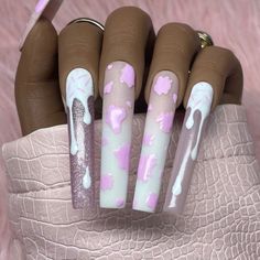 Cow Print Nail Designs, Milk Nails, Pink Cow Print, Long Nail Designs, Nails Today, Basic Nails, Nail Essentials, Pink Cow, Kawaii Nails