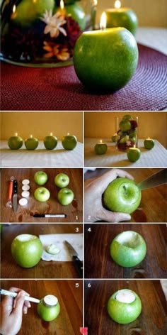 how to make an apple candle holder out of green apples with candles in the middle