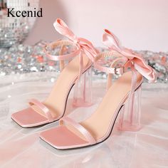 Kcenid Fashion Pink Butterfly Buckle Strap Sandals Gladiator Square Toe Transparent High Heel Women Transparent Heels Sandals, Summer Shoes Women, High Heel Loafers, Transparent Heels, Gothic Shoes, Modern Sandals, Elegant Heels, Bow Sandals, Womens Summer Shoes