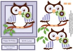 two owls sitting on top of a tree branch with flowers in their beaks and the words happy birthday