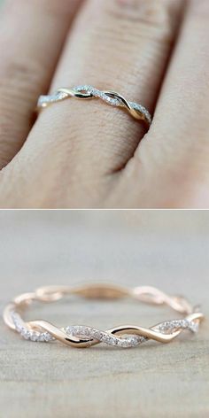 two different views of a wedding ring with diamonds on top and the same photo in bottom