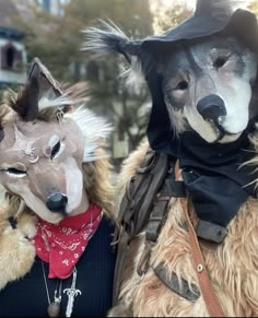 two dogs dressed up in costumes on the street