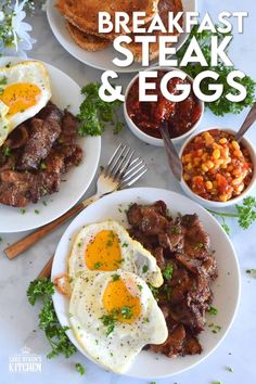 breakfast steak and eggs on white plates