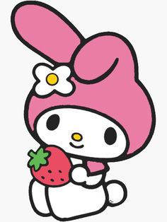 hello kitty holding a strawberry and wearing a pink hat with flowers on it's head