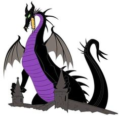 a purple and black dragon sitting in front of a castle with it's mouth open