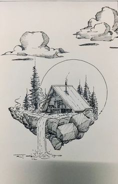 a drawing of a house on top of a rock with a waterfall coming out of it